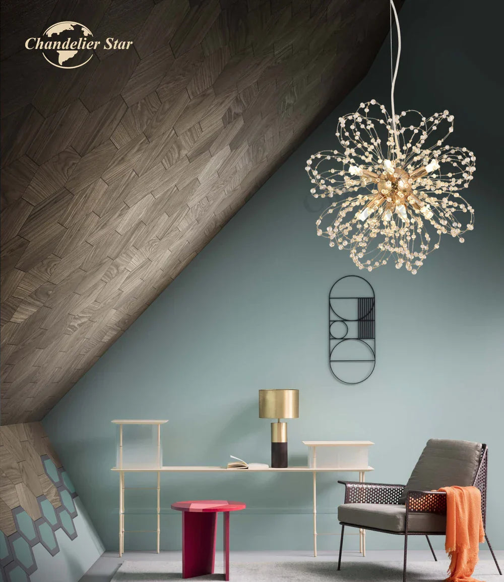 Nordic Dandelion Crystal LED Chandelier: Modern Sunflowers Pendant Light for Bedroom & Living Room