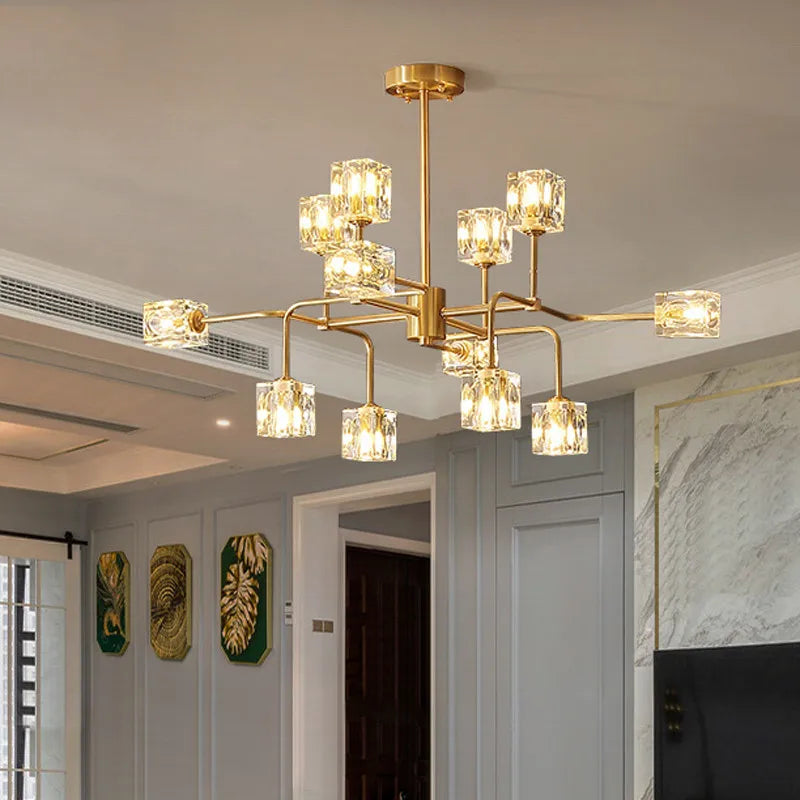 Square Crystal Chandelier Artistic Branches Luxury Gold Light Fixtures Living Room Kitchen Lighting