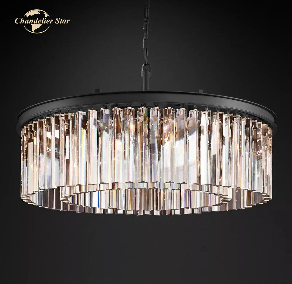 Modern LED Crystal Chandelier Chrome Black Metal Odeon Round Lamp