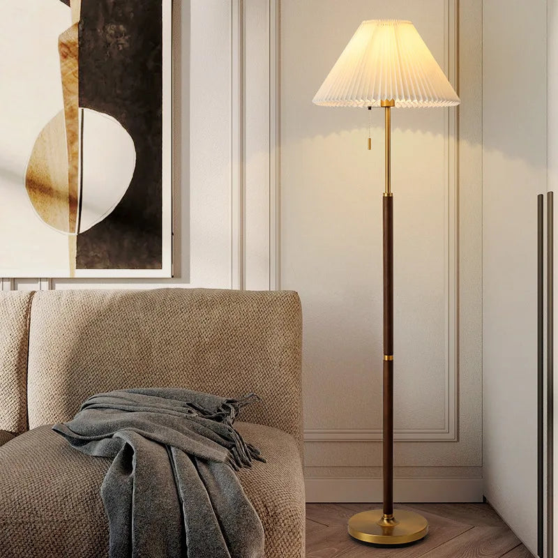 Pleated Wood Floor Lamp with White Fabric Shade