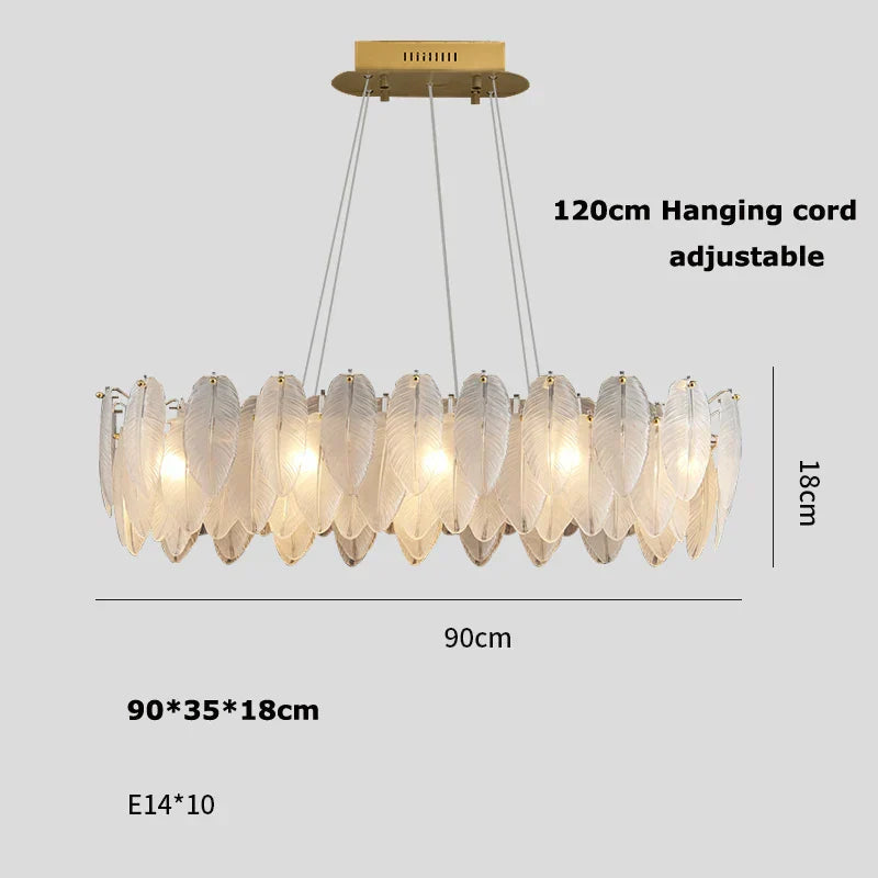 White Glass Feather LED Chandelier - Designer Oval Goose Feather Lighting