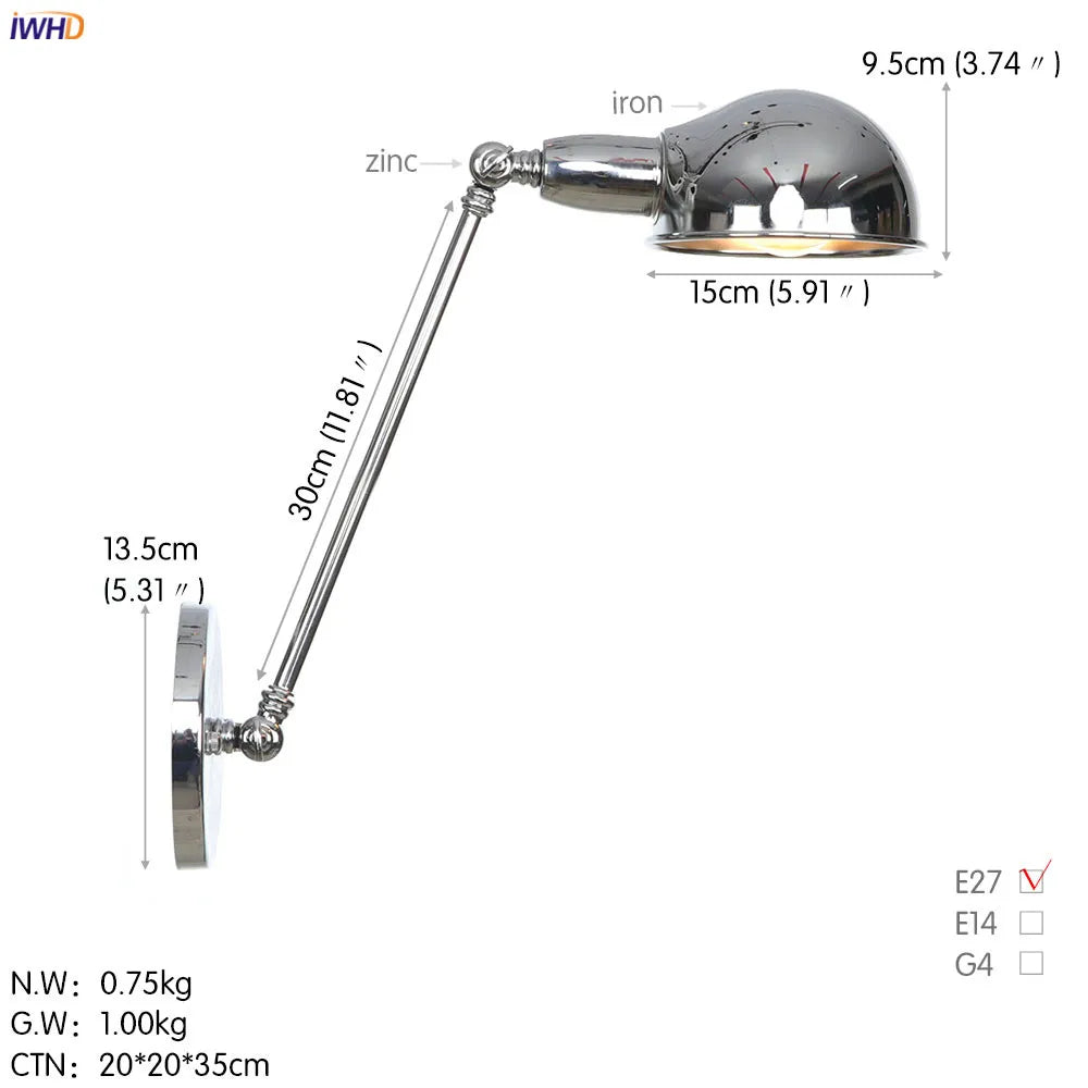 Long Arm Black Wall Light Retro Industrial Vintage LED Wall Lamp