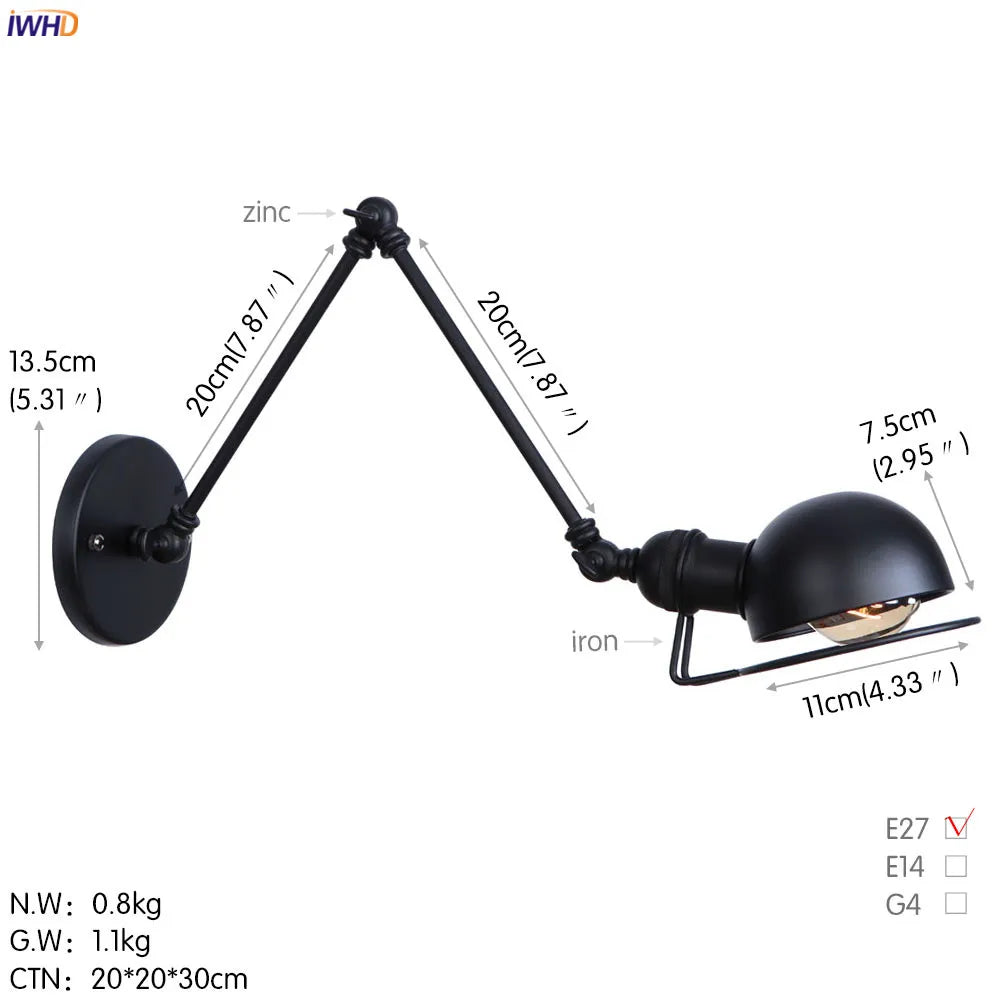 Antique Black Wall Lamp Vintage Industrial Sconce LED Applique Murale