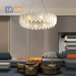 White Glass Feather LED Chandelier - Designer Oval Goose Feather Lighting