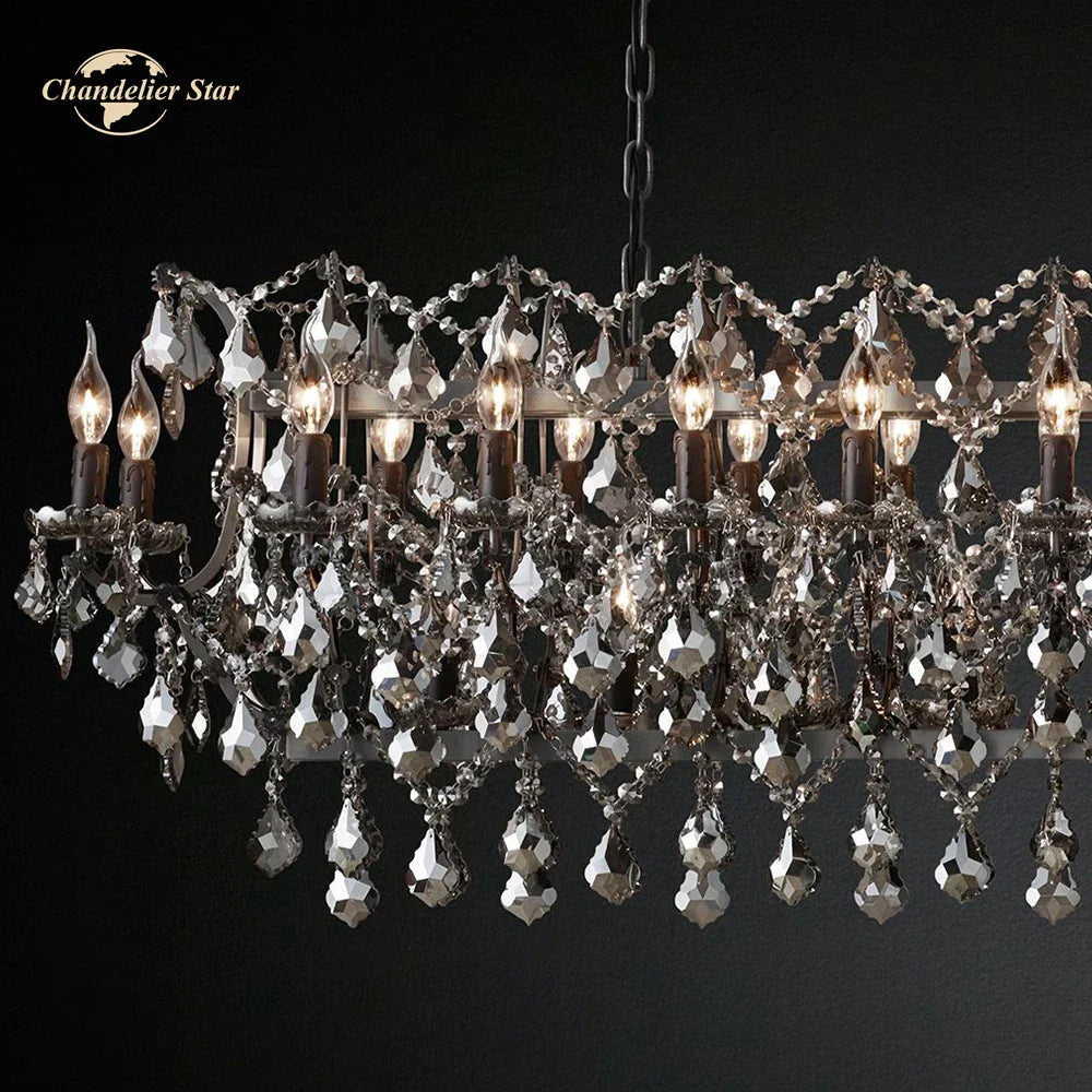 Smoke Crystal Chandelier LED Rectangular for Kitchen Island Dining