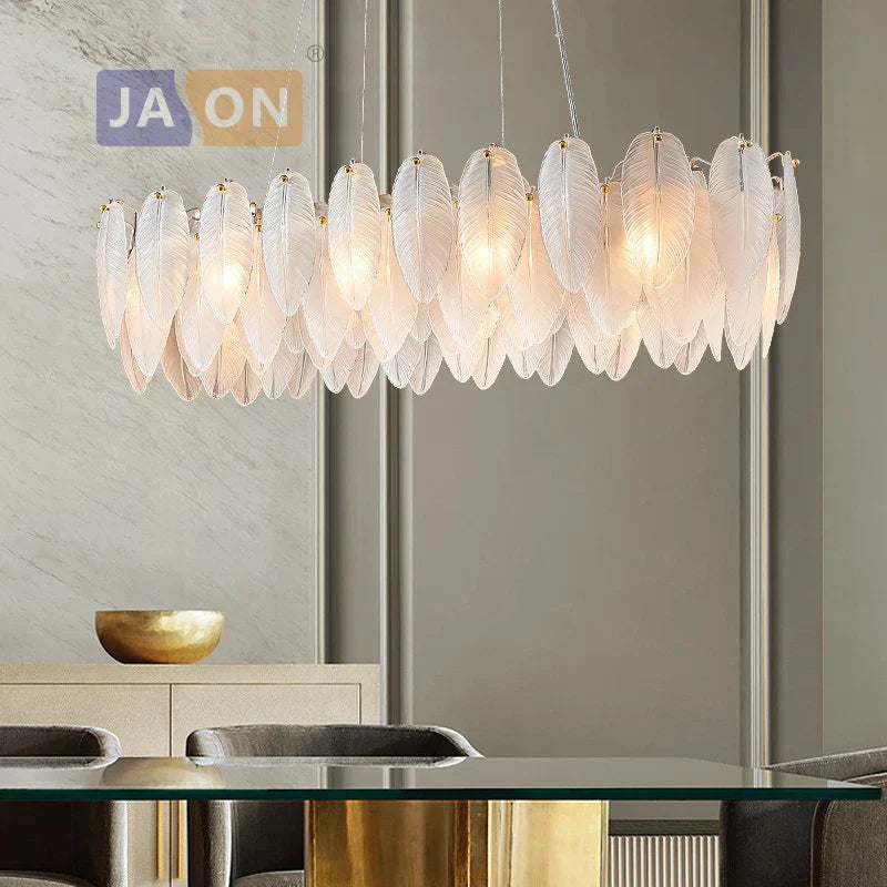 White Glass Feather LED Chandelier - Designer Oval Goose Feather Lighting