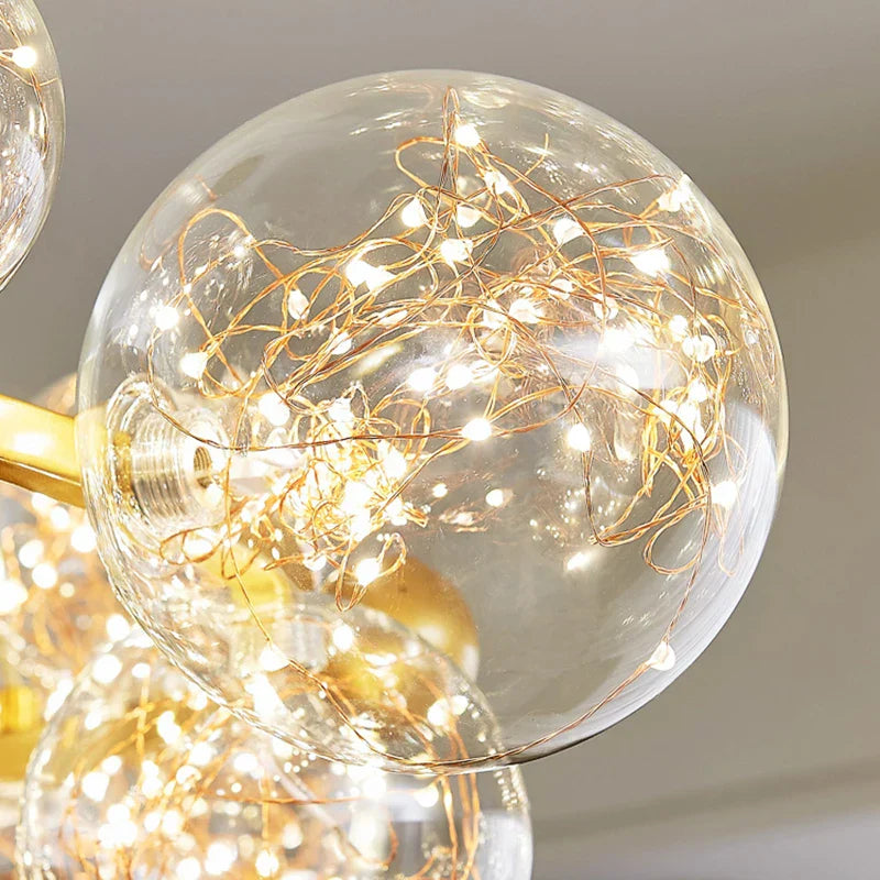 Golden Ring Glass Ball Chandelier with Remote Control for Living Dining Room