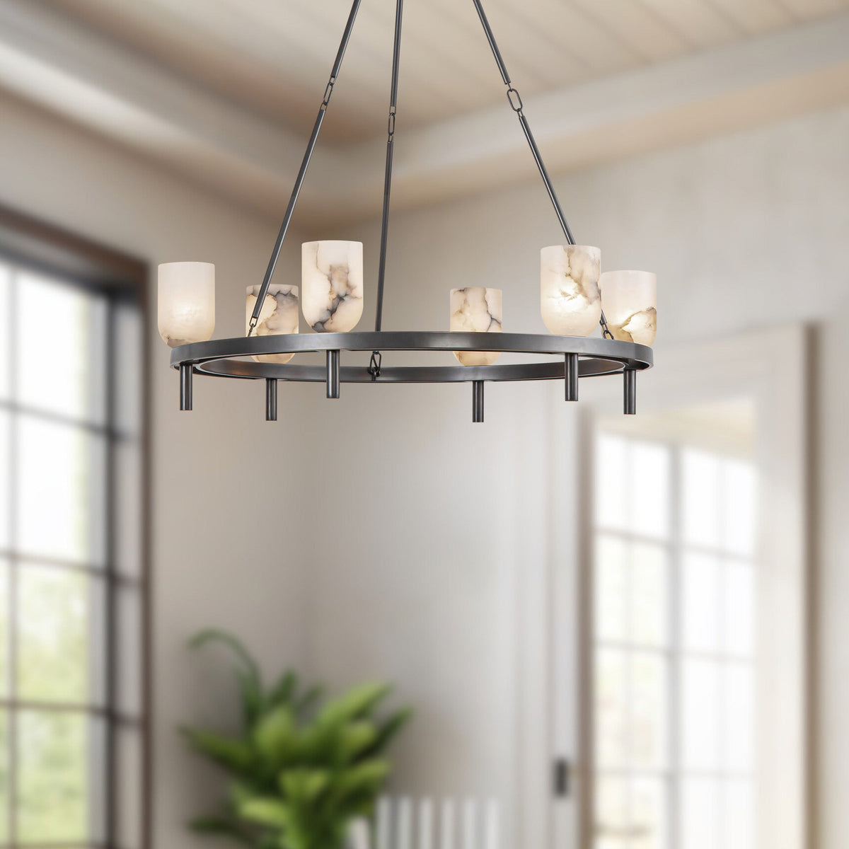 Lucian Six Light Chandelier Urban Bronze/Alabaster