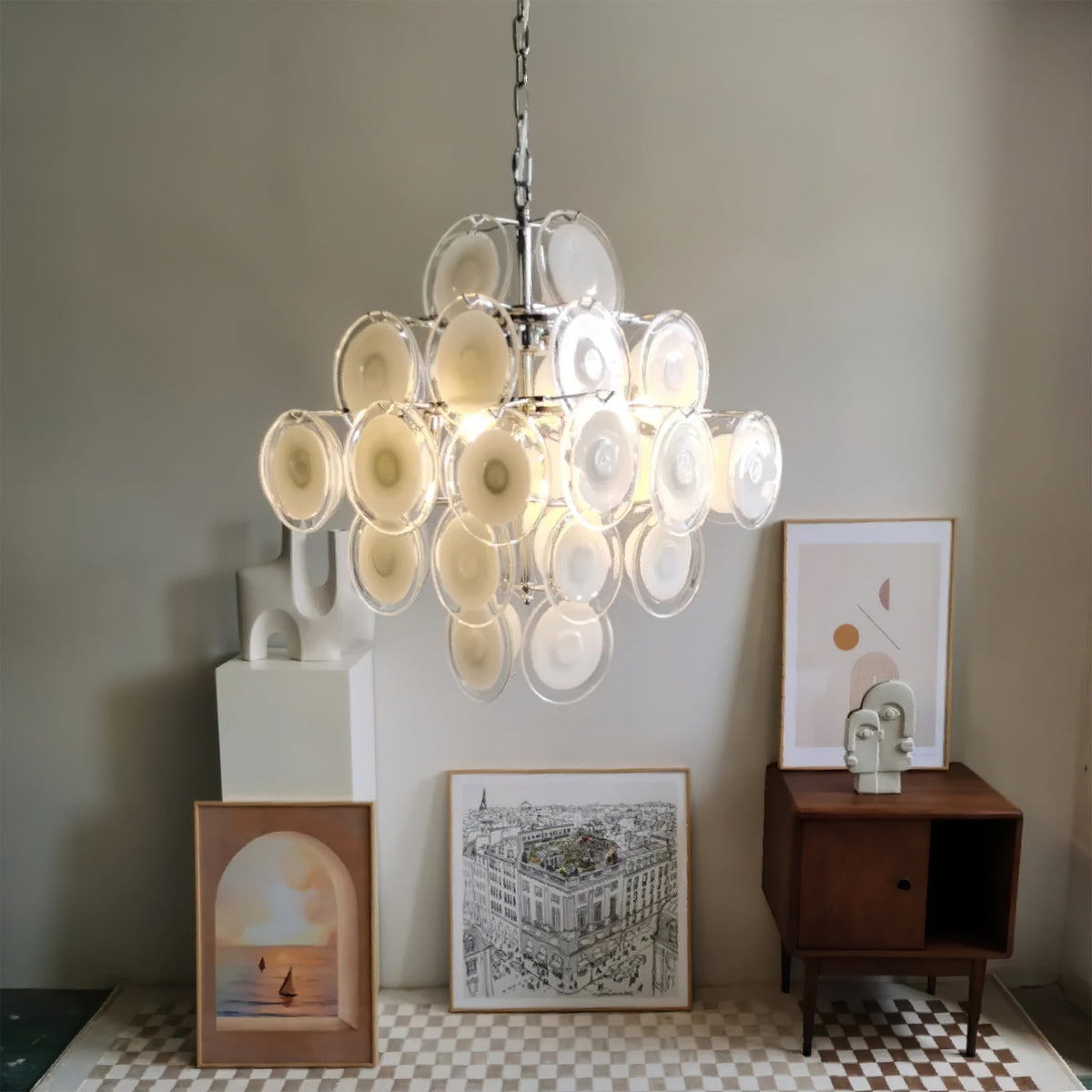 Murano Disc White Glass Chandelier