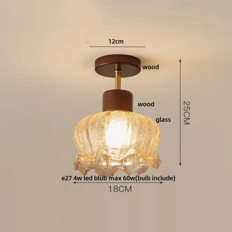 Amber Ice Crack Glass Wood Ceiling Light - Nordic Modern LED Fixture