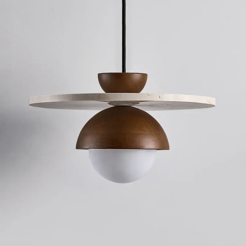 White Glass Ball LED Pendant Light - Modern Nordic Wood Home Decor EntityState -Yellow Travertine.