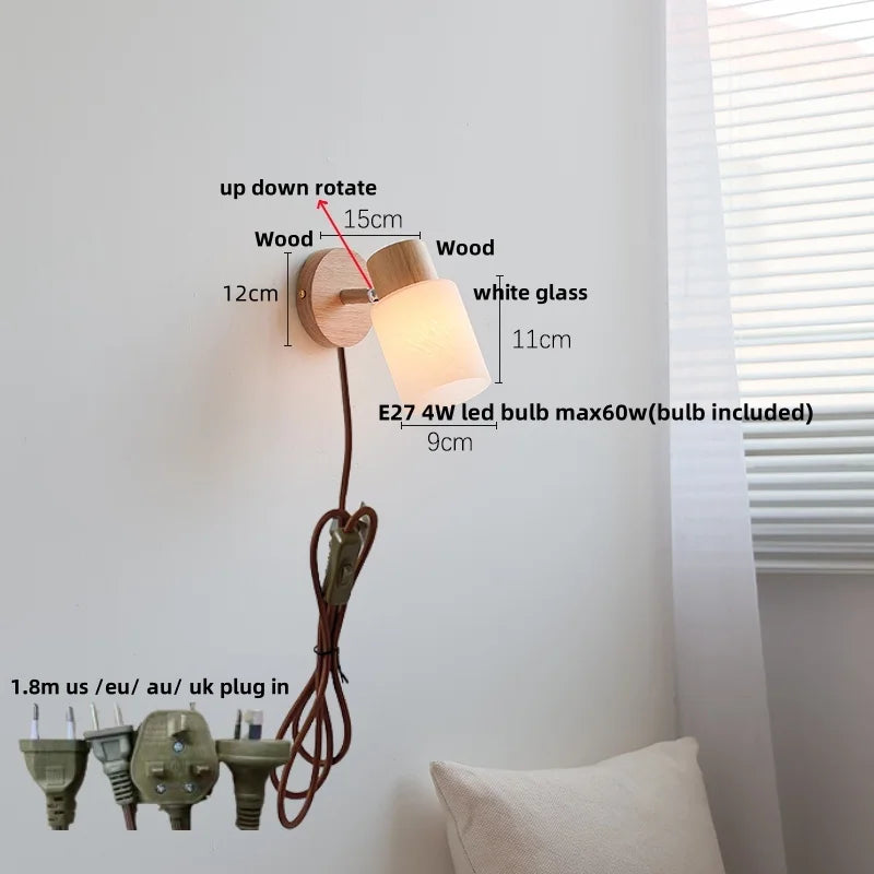 Modern LED Wall Sconce Light Fixture, Wood Canopy, White Glass, Nordic Design