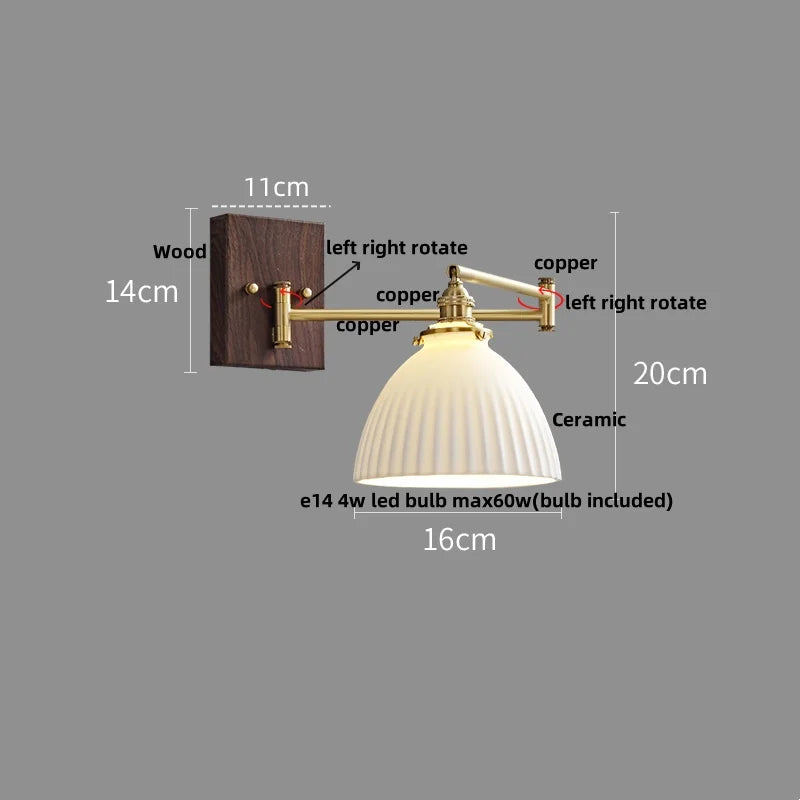 Wood Swing Arm LED Wall Light - Rotatable Bedroom Balcony Bedside Lamp