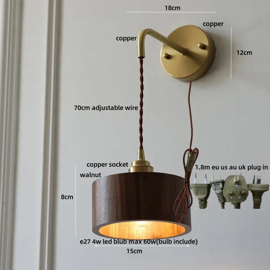 Wood LED Wall Lamp with Copper Socket & Pull Chain Switch - Adjustable Staircase Light