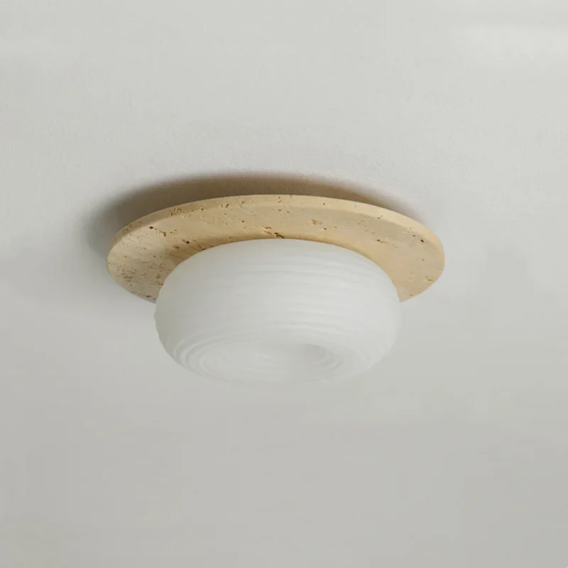 Wabi Sabi LED Ceiling Light Fixture Yellow Travertine White PE Round Lampshade