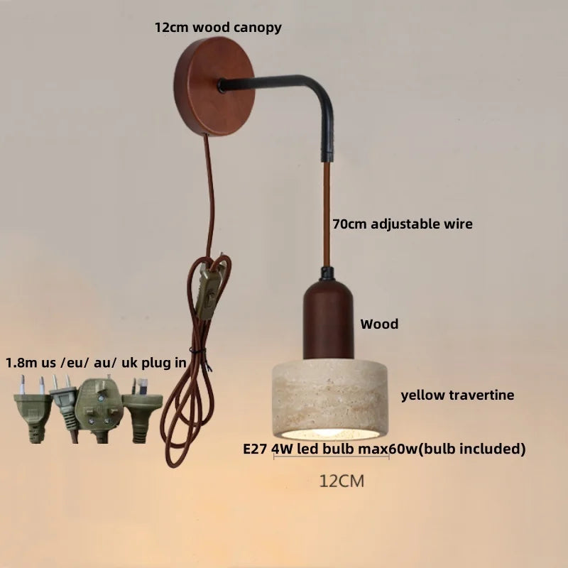 Wood LED Wall Lamp Yellow Travertine Pull Chain Switch Modern Nordic Style