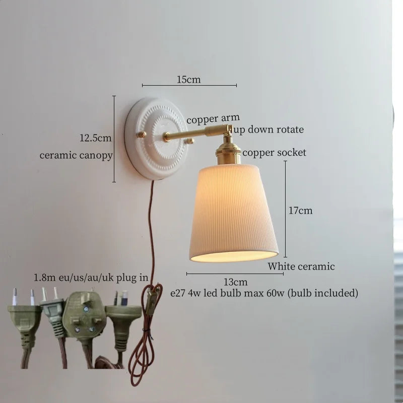 White Glass LED Wall Lights Pull Chain Switch Copper Arm - Bedroom Stair Living Room Mirror Bedside Lamp