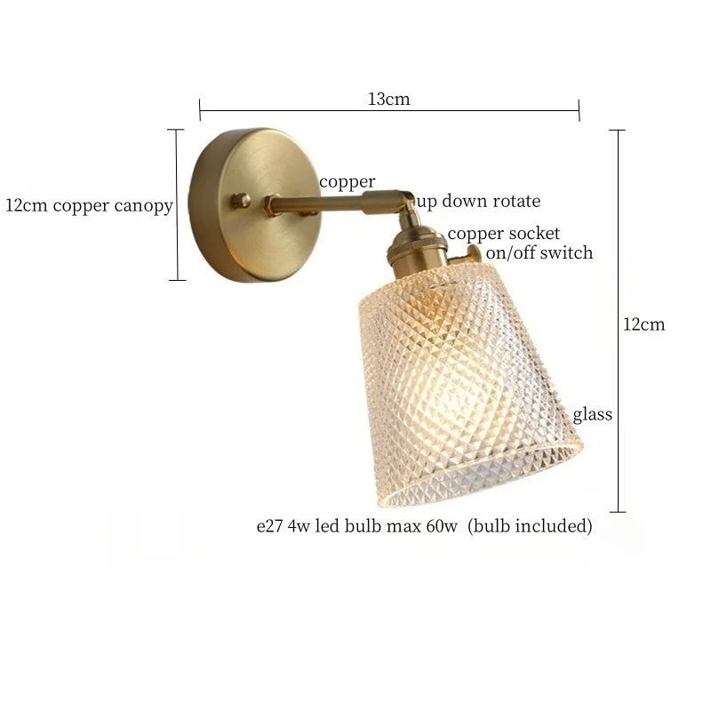 Clear Brass Glass LED Wall Lamp Pull Chain for Living Room Bedroom Loft