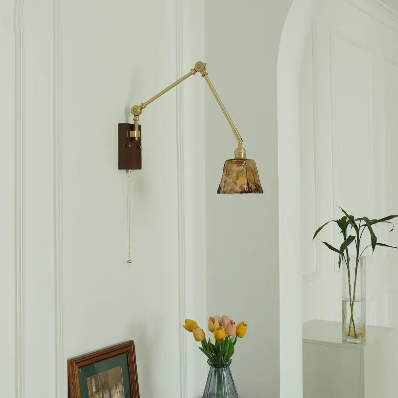 Walnut Wood LED Wall Light with Pull Chain Switch & Rotatable Amber Glass