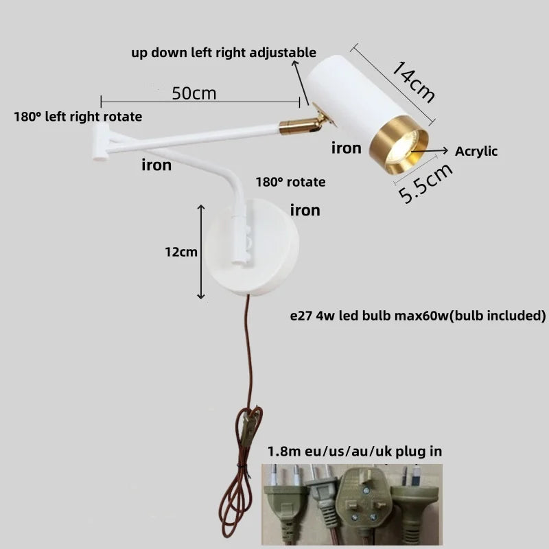 Rotatable LED Wall Sconce Swing Arm Light Fixture for Study and Bedside