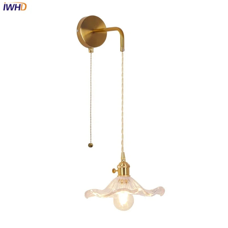 Glass Copper LED Wall Sconce | Pull Chain Switch | Adjustable Bathroom Light