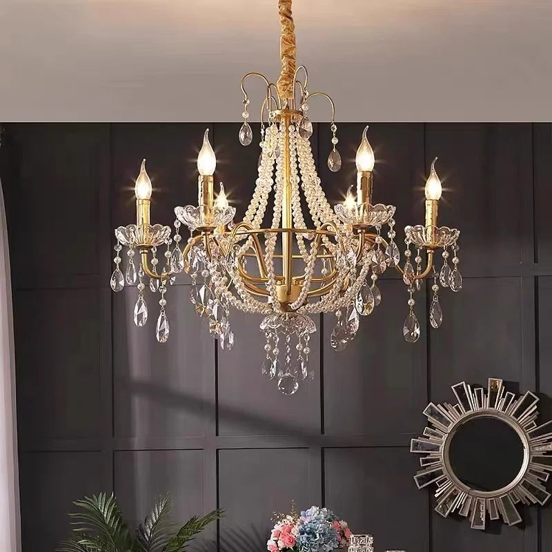 Gold Crystal Pearl Chandelier LED Pendant Lights Luxe Living Room Decor