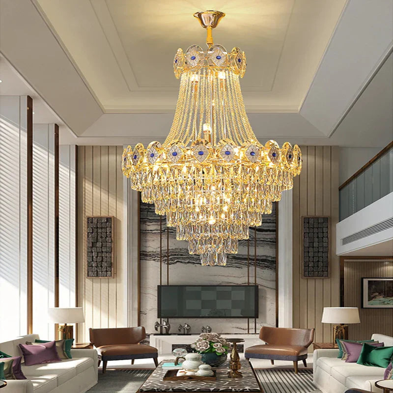 Gold Round Chandelier Dimmable LED Stair Lights Luxury Suspension Lamp
