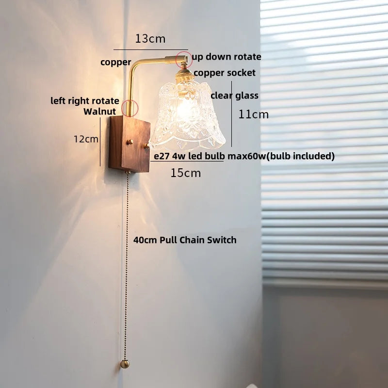 Nordic LED Wall Light with Pull Chain Switch, Copper Walnut Wood and Clear Glass
