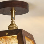 Vintage Wood & Copper Rotatable Ceiling Light - Amber Glass LED Fixture