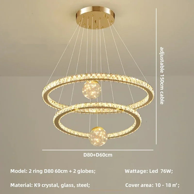 Crystal LED Chandelier: Modern Living Room Pendant Lights, Glass Globe Hanging Lamp