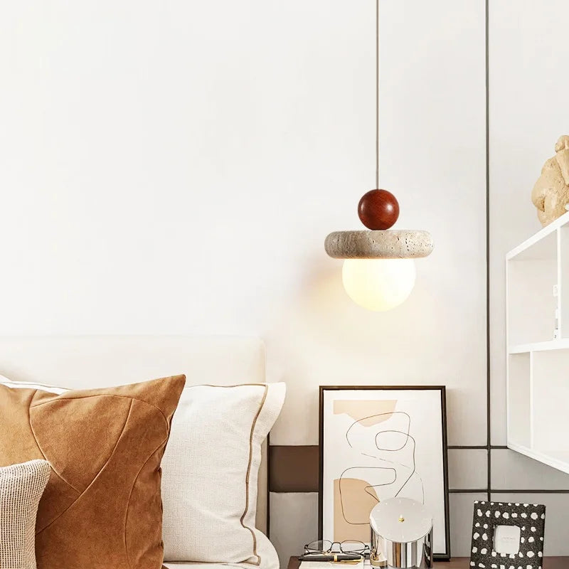 Nordic LED Wood Pendant Light Yellow Travertine Interior Lighting