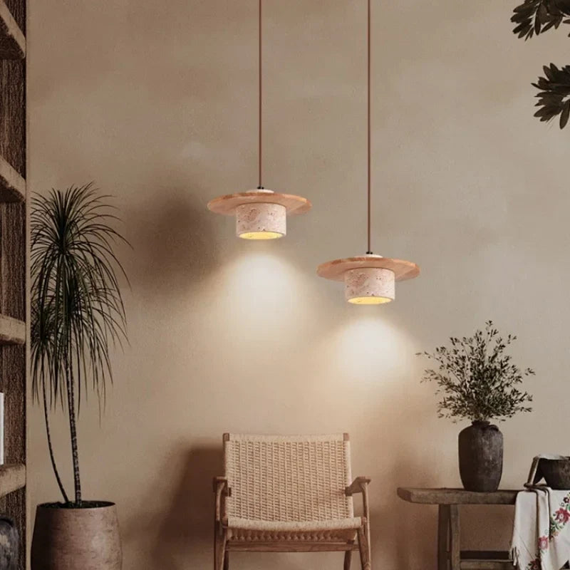 Wabi Sabi LED Pendant Lamps Yellow Travertine Wood Hanging Lights
