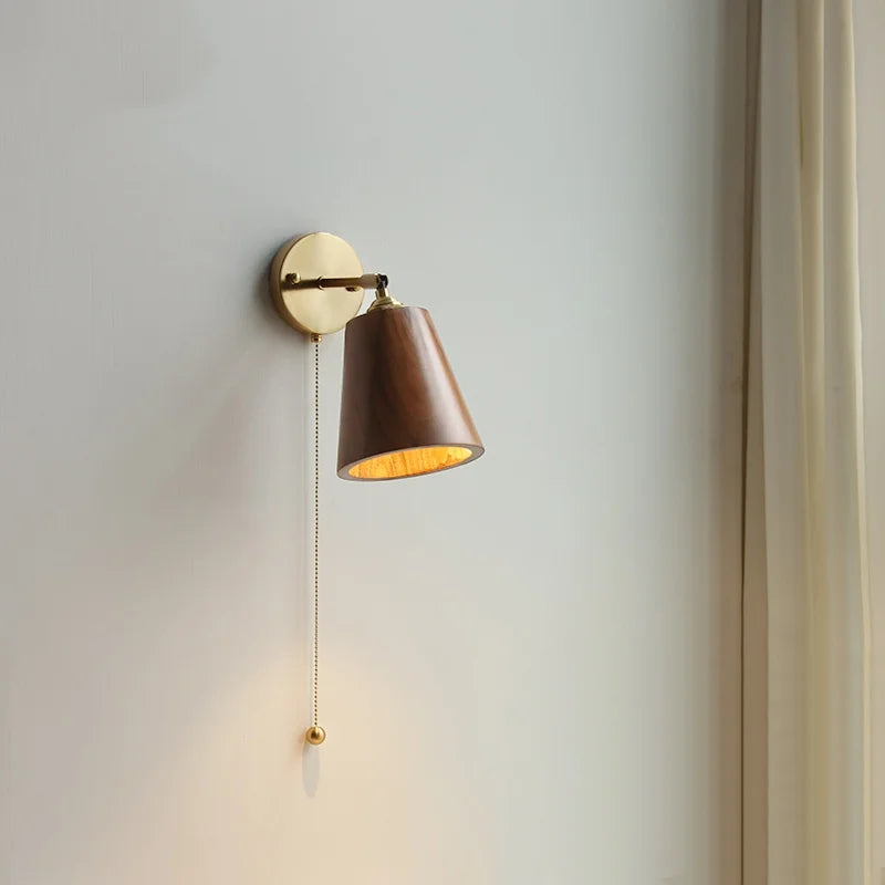 Walnut Wood LED Wall Light Fixture with Pull Chain Switch, Rotating Up Down Design