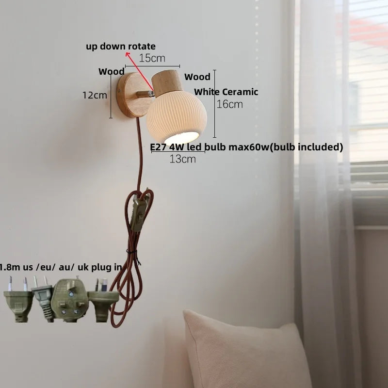 Ceramic LED Wall Lights with Pull Chain Switch, Modern Wood Base Bedside Lamp