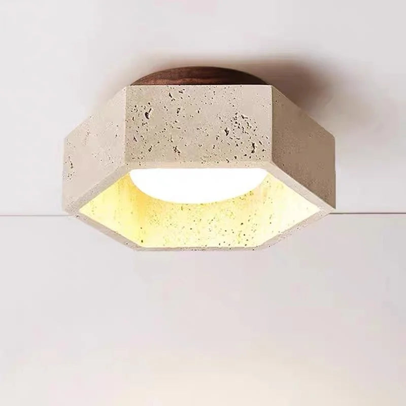 White Glass LED Ceiling Light Fixture Modern Yellow Stone Wood Base Nordic Design