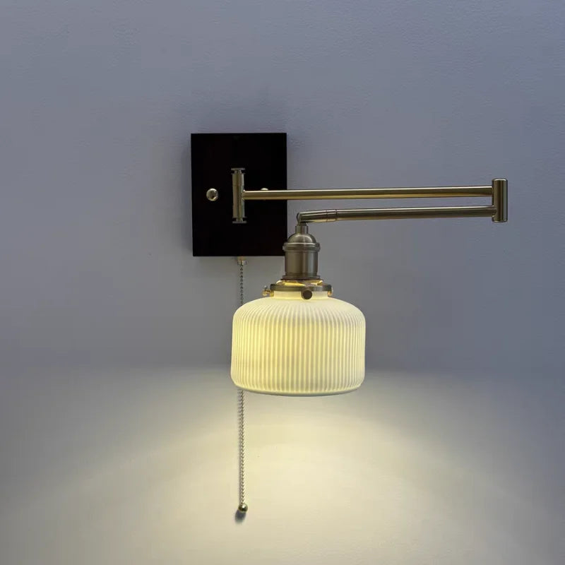 Wood Swing Arm LED Wall Light - Rotatable Bedroom Balcony Bedside Lamp