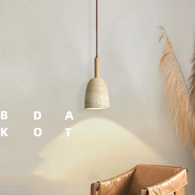 Yellow Travertine LED Pendant Light - Modern Nordic Wood Hang Lamp