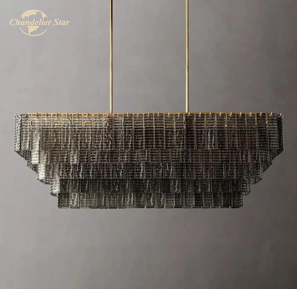 Smoke Glass LED Chandelier: Modern Rectangular Pendant Lighting for Dining & Living Room