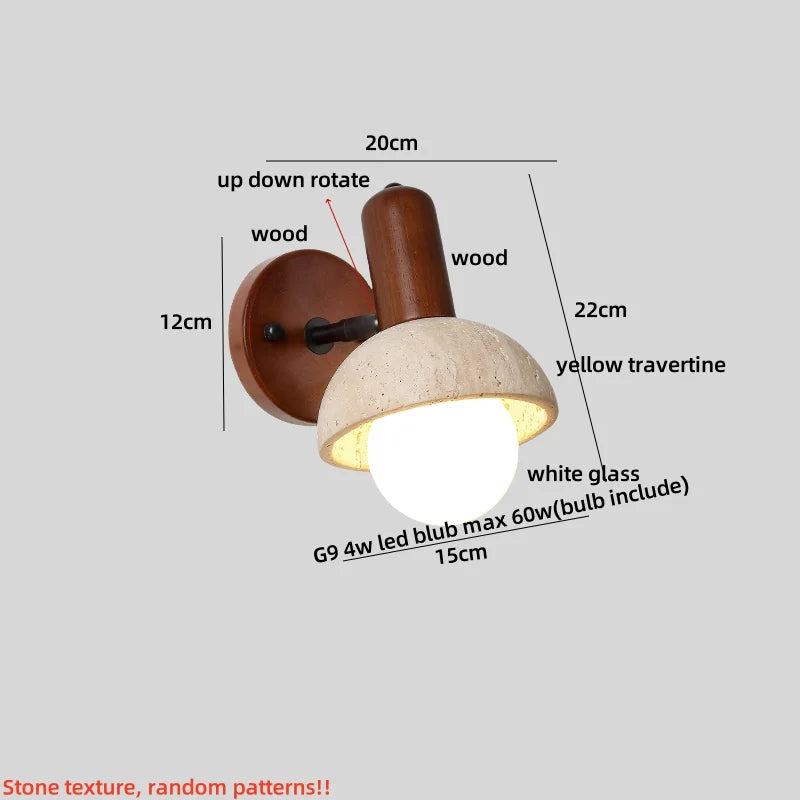 Yellow Travertine Stone Natural Wood LED Wall Light Bedside Lamp