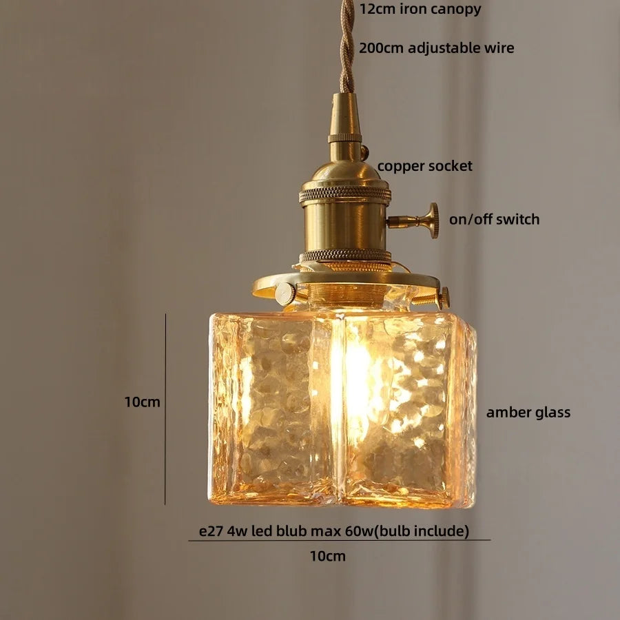 Afralia™ Cube Amber Glass LED Pendant Lamp | Modern Hanging Light Fixtures