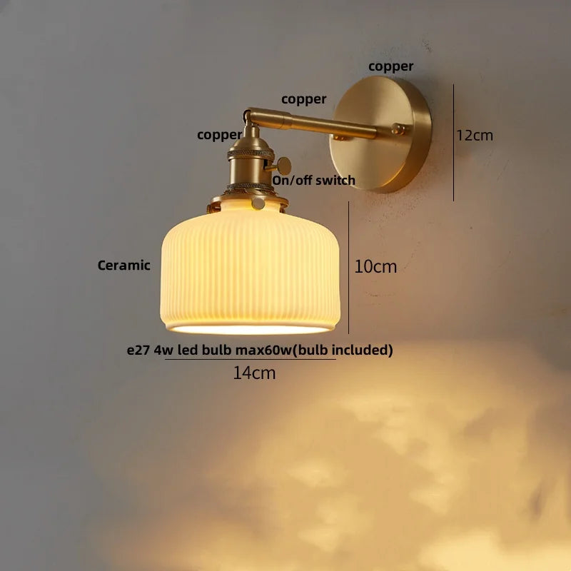 Ceramic LED Wall Sconce with Walnut Wood Pull Chain Switch - Nordic Style