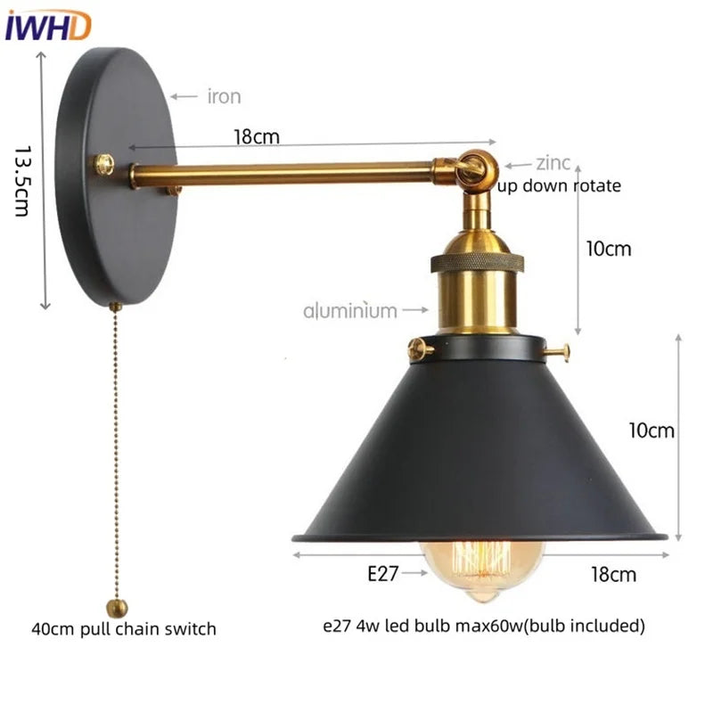 Gold Industrial LED Wall Lamp for Loft Stair & Bedroom Lighting