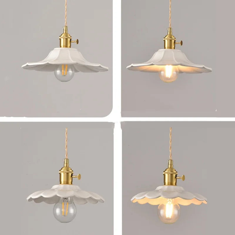 White Ceramic LED Pendant Lamp with Copper Switch - Flower Hanging Light