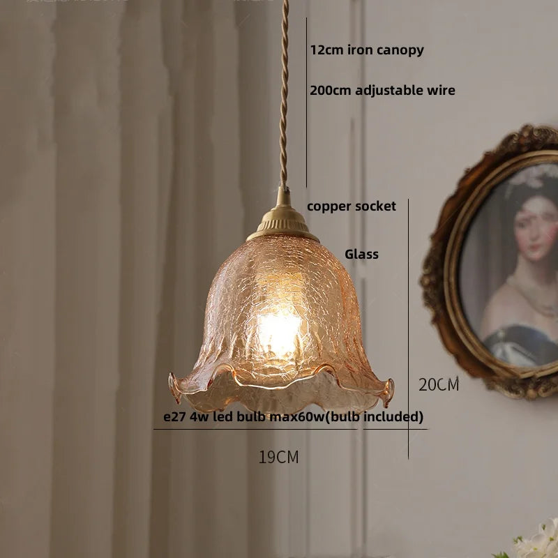 Amber Glass LED Pendant Lamp Walnut Wood Copper Hanging Light