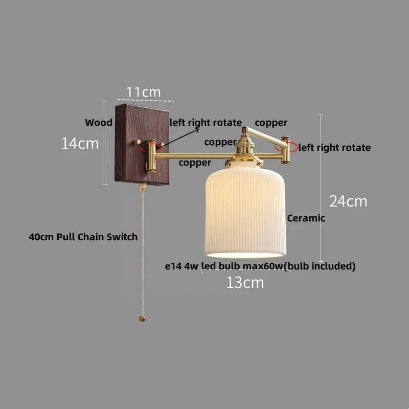 Wood Swing Arm LED Wall Light - Rotatable Bedroom Balcony Bedside Lamp