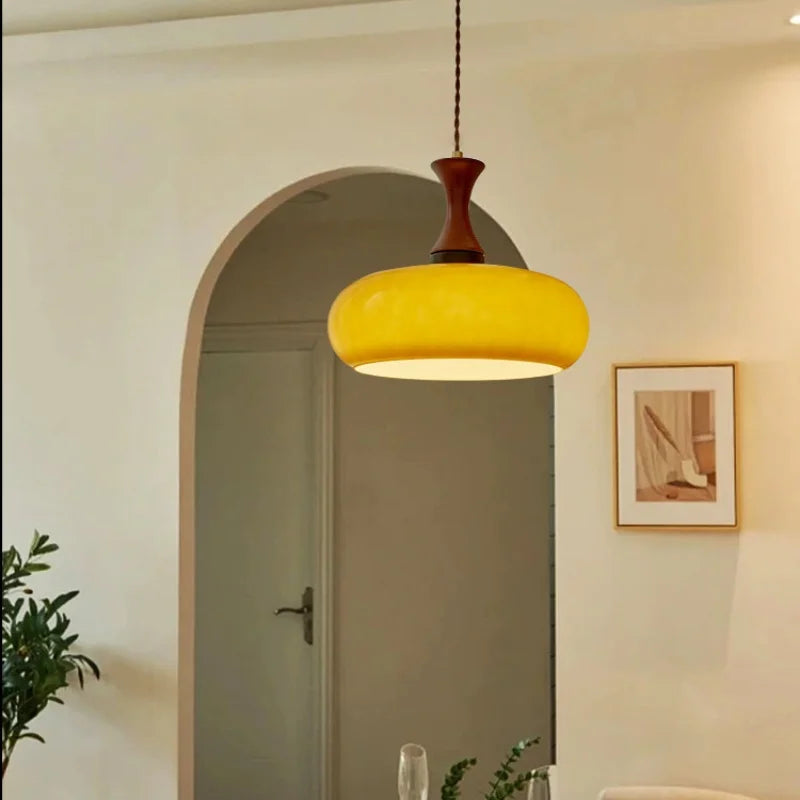 Amber LED Pendant Light Fixture Wood Glass Loft Adjustable Hang Lamp