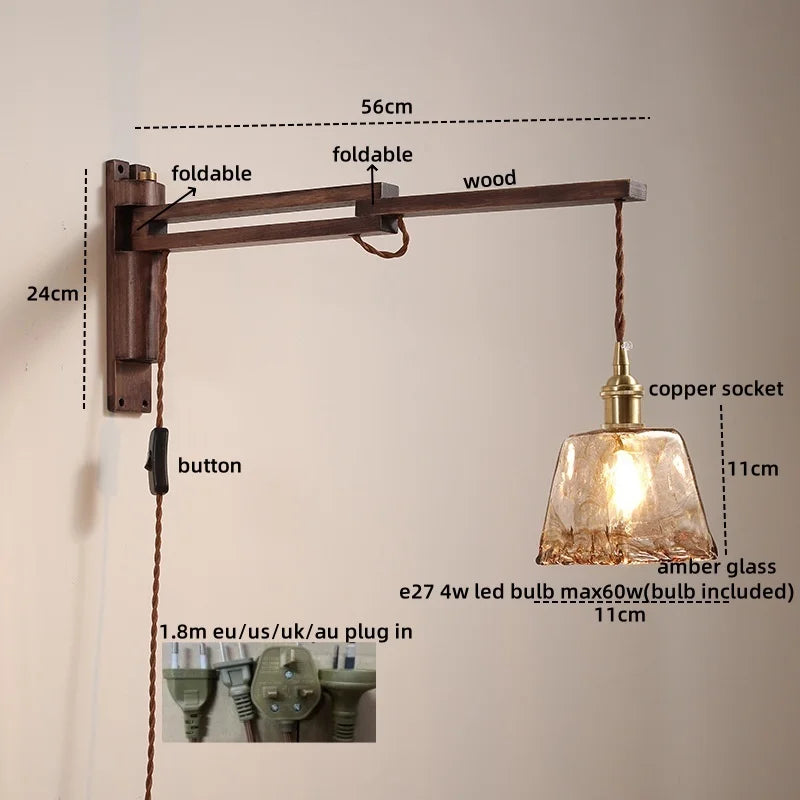 Modern LED Wall Lamp Wood Glass Nordic Bathroom Bedroom Living Room Light