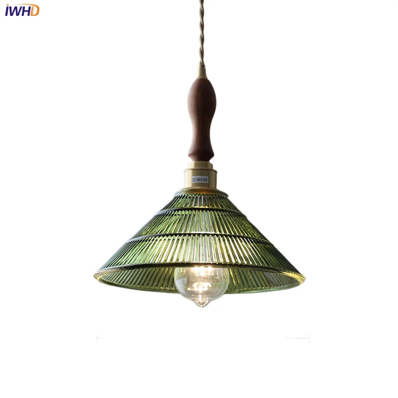 Walnut Wood LED Pendant Light Fixture with Adjustable Green Glass Shade