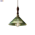 Walnut Wood LED Pendant Light Fixture with Adjustable Green Glass Shade
