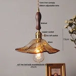 Amber Glass LED Pendant Light Fixture, Vintage E27 Copper Hanging Lamp
